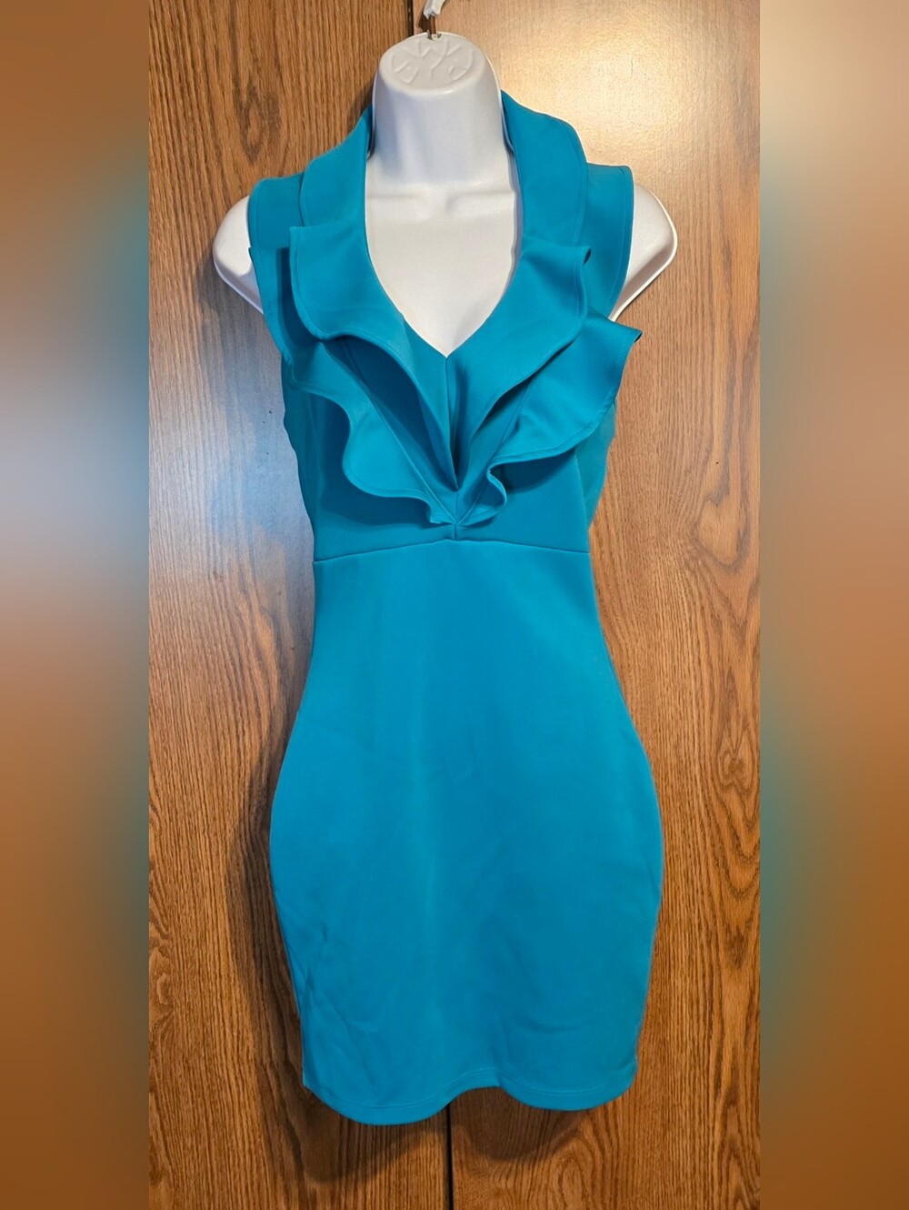 Mystic Teal Ruffle V-Neck Mini Dress